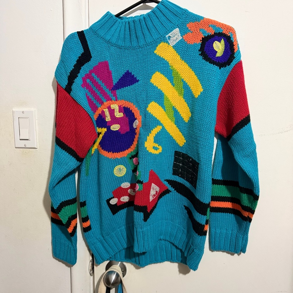 Women’s Turquoise Abstract Pattern Turtleneck Sweater